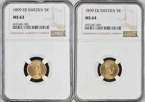 SUECIA, ORO 2X 5 CORONAS 1899 EB - NGC MS 63 Y 64, RARO9 - Imagen 1 de 5