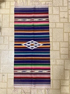 Vintage Mexican Serape Blanket Table Mat Runner Wool Fringe 17”x39” - Picture 1 of 11
