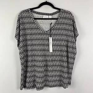 Nicole Miller 100% Linen T Shirt Size XL Black White V Neck Short Sleeve - Picture 1 of 9