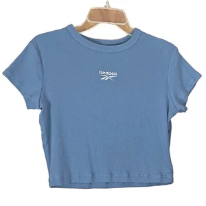 Reebok Women's Ribbed Crop T-Shirt Top Size XL Blue Cotton Blend Short Sleeves - Picture 1 of 4