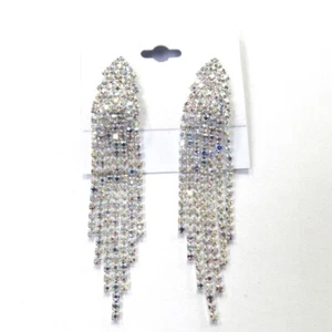Long Dangle Silver Iridescent Rhinestone Strand Clip On Earrings Evening Formal - Picture 1 of 2