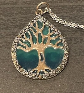 Vintage TREE OF LIFE Necklace Pendant Sterling Silver Green Marcasite PAJ 925 - Picture 1 of 5
