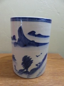 CERAMIC BLUE CREAM VASE UTENSIL CADDY HOLDER 5.5"ASIAN SCENE - Picture 1 of 4