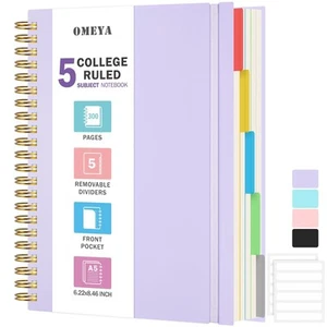5 Subject Notebooks College Ruled, Spiral Lined Notebook with Removable Divid... - Picture 1 of 6