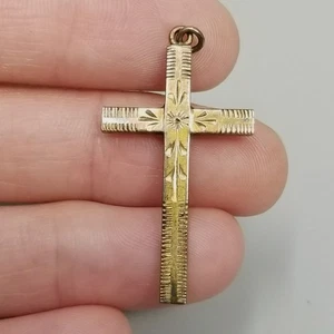 Vintage Yellow Gold Filled Etched Cross Pendant - Picture 1 of 8