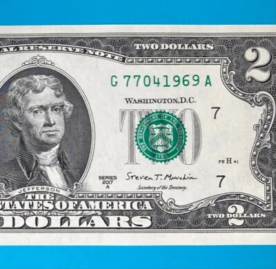 TRAILING YEAR 1969 (G 7704 1969 A) $2 Two Dollar Bill Serial Number 2017A *UNC* - Image 1 of 4