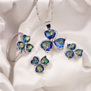 3pc Set Handmade Flower Rainbow Mystic Topaz Silver Women Pendant Earrings Rings - Picture 1 of 6