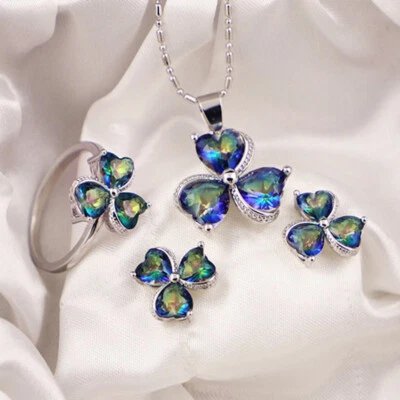 3pc Set Handmade Flower Rainbow Mystic Topaz Silver Women Pendant Earrings Rings - Image 1 of 4