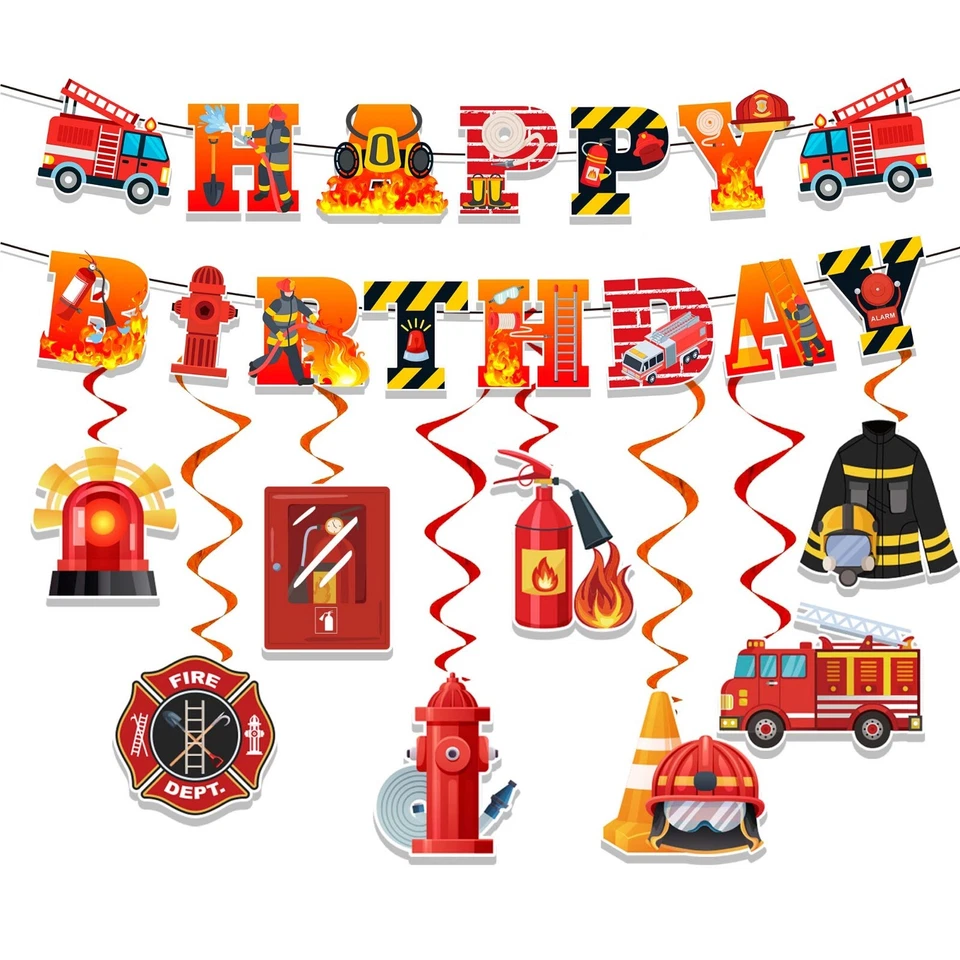Fire Truck Party Decoration, Firefighter Party Hanging Swirls Birthday Banner - Image 1 of 4