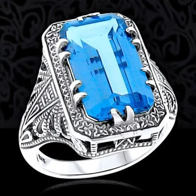 ANILLO DECORATIVO ESTILO ANTIGUO PLATA ESTERLINA 925 4,5 QUILATES SIM AGUAMARINA #120 Foto 1 de 2