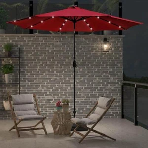 Maypex 9-Ft Steel Market Crank N' Tilt Round Solar Light Patio Umbrella In Red - Picture 1 of 3