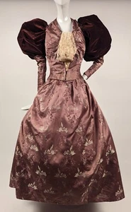 VICTORIAN 1890’S VELVET BALLOON SLEEVE + ROSE BROCADE SILK SATIN BUSTLE DRESS - Picture 1 of 9