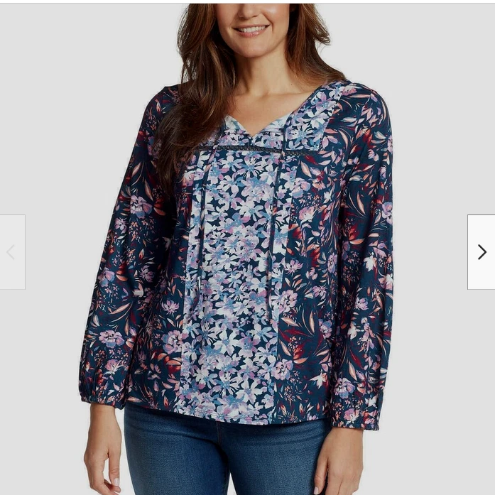 Vintage America Navy Blue Floral Tunic Peasant Shirt Blouse M Medium Womens