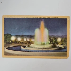 Mulholland Memorial Fountain Griffith Park Hollywood CA Linen Postcard Night - Picture 1 of 6