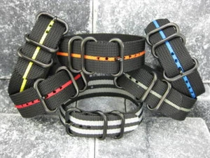 New 18mm Balistic Nylon Diver Strap 3 Rings Black PVD Watch Band Stripe for Zulu - Picture 1 of 14