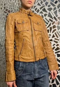 Oakwood Goat Leather Biker Jacket Vintage Light Brown Zip Pockets Small - Picture 1 of 13