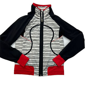 Lululemon Jacket Red White Black Striped Big Logo Full Zip Mock Neck Size XS, 2