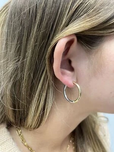 14K Two Tone Gold 20mm DC Hoop Earring, Diamond Cut Hoops, Small Hoops, Women - Picture 1 of 8