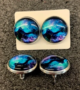 1 pair of HANDMADE " Stormy shores" 16 mm wide glass silver plated earrings - Picture 1 of 4