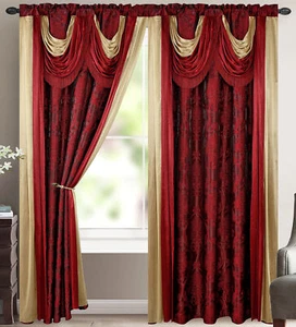 Bella Luxury Jacquard Curtain Panel with Attached Waterfall Valance & Scarf 54 w - Picture 1 of 74