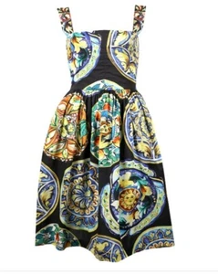 AUTH DOLCE&GABBANA Sicilian ceramic plates printed cotton Dress IT 40 - Picture 1 of 19