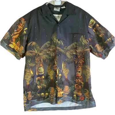 RIETVELD  Shirt USA Mens Medium Tropical Tiki Palms Hawaiian Camp Shirt Black - Image 1 of 4
