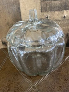 Anchor Hocking Vintage Zucca Biscottiera Caramelle Barattolo con Coperchio Vetro Trasparente Halloween Autunno - Foto 1 di 6