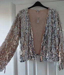 BNWT STUNNING  RIVER ISLAND SILVER SEQUIN  TASSLE DESIGN EVENING JACKET NEW £95 - Picture 1 of 6