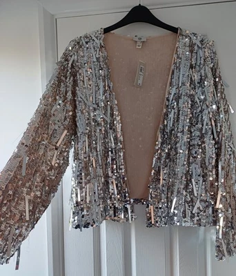 BNWT STUNNING  RIVER ISLAND SILVER SEQUIN  TASSLE DESIGN EVENING JACKET NEW £95 - Image 1 of 4