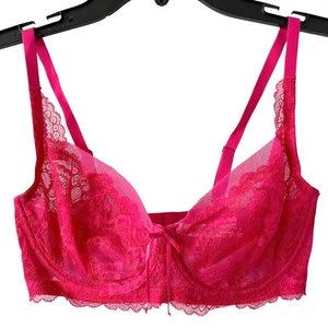 NEW SKARLETT BLUE Sheer Lace Balconette Bra Poppy Pink Size 32DD Adjustable - Picture 1 of 6