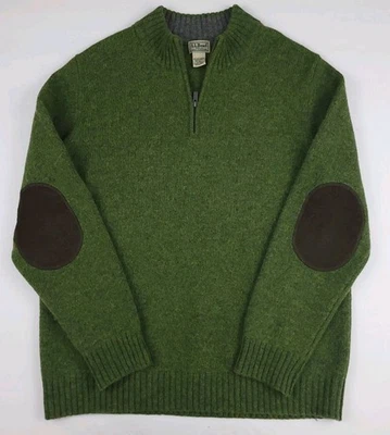 LL Bean Shetland Wool Green Multicolor Zip Pullover Sweater Corduroy Elbows Vtg - Image 1 of 4