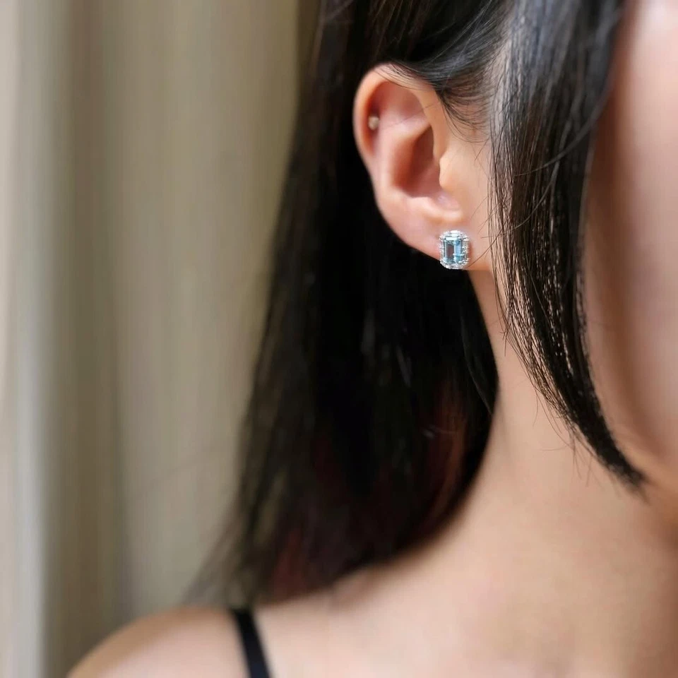 Acquamarina Smeraldo Taglio Orecchini a Perno Con Zircone Halo 925 Silver Regalo - Immagine 1 di 4