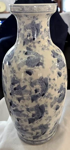 Chinese Blue and White Porcelain Vase With Koi/Carp Fish 12" Late Qing 1885-1905 - Picture 1 of 9