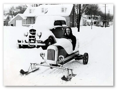 Snow Car Vintage Photo Poster Print, Snowmobile Black White Picture Wall Art Ski - Image 1 of 2