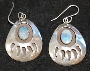 Vintage Sterling Silver Genuine Australian Opal Triplet Bear Dangle Earrings - Picture 1 of 7