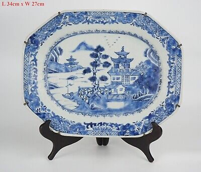 LARGE Antique Chinese Blue And White Porcelain Shaped Plate 18th C QING • 24.28$