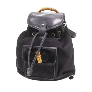 GUCCI Bamboo Used Backpack Handbag Black Leather Nylon Vintage #CO853 S - Picture 1 of 17