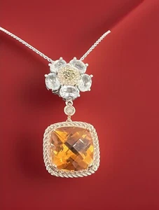 14K White Gold Natural 14.55CT Aquamarine Diamond Radiant Citrine Pendant Chain - Picture 1 of 22