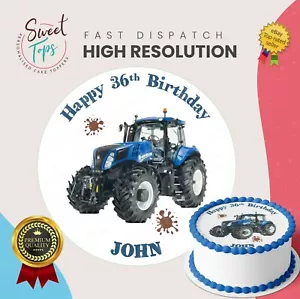 HOLLAND TRACTOR EDIBLE ROUND BIRTHDAY CAKE TOPPER DECORATION PERSONALISED - Picture 1 of 1
