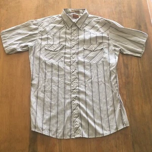 Maxini Mens Size L Button Up Shirt Collared Pearl Snap White, Gray & Tan Stripes - Picture 1 of 8