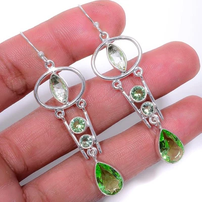 Peridot & Green Amethyst Silver Plated Earring 2.65" T44, Christmas Gift - Image 1 of 4