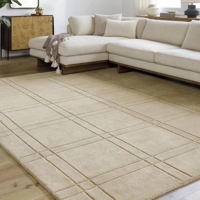 Hand Tufted Area Rug Beige Grid Pattern Modern Carpet Custom Size Minimalist rug - Image 1 of 4