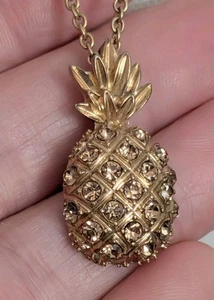 J. Crew Vintage Gold Tone Rhinestone Pineapple pendant on Gold tone 30" chain - Picture 1 of 6