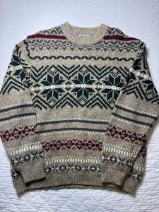 Vintage Eddie Bauer Mens Pullover Sweater Beige Fair Isle Nordic Snowflake XL - Picture 1 of 7