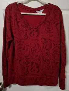 Athleta Women's Medium V Neck Sweatshirt Red Floral Long Sleeve Pullover Comfy - Picture 1 of 7