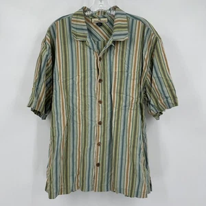 Tommy Bahama Mens Silk Hawaiian Shirt Sz L Striped Green Vacation Resort Cruise - Picture 1 of 6