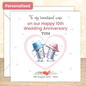 Personalised 10th Tin Wedding Anniversary Card Husband Wife Couple Heart Love - Picture 1 of 7