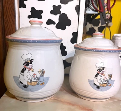 VINTAGE CERAMIC COW CHEF HOLSTEIN FARM DECOR KITCHEN CANISTERS SET OF 2 - Image 1 of 4
