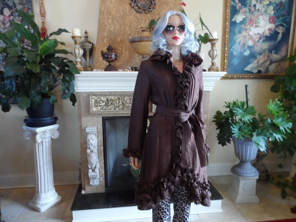 New Samuel Dong Chocolate Brown Rayon Ruffle Trench Coat Size M - Image 1 of 4