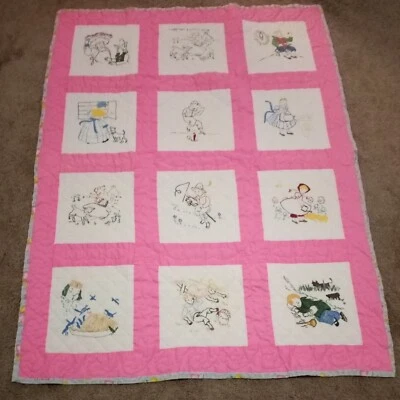 Edredón bebé vintage pintado a mano NIÑO Y NIÑA 44x 33" SIN MANCHAS Foto 1 de 4